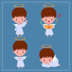 Cute Kawaii Hand Drawn Angel With Smiling And Funny Face In Different Poses And Activities On Dark Blue Background. Collection. Set. Vector. Emoji. Sticker. Emoticon. Cartoon. Character. Illustration.
