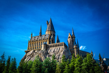 Naklejka premium OSAKA, JAPAN - AUGUST 10, 2019: Photo of Hogwarts Castle. The Wizarding World of Harry Potter in Universal Studios Japan. Universal Studios Japan is a fun and famous theme park in Osaka, Japan.