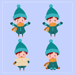 Cute Kawaii Hand Drawn Boys Wearing Winter Costume With Smiling And Funny Face In Different Poses And Activities On Blue Background. Collection. Set. Vector. Emoticon. Cartoon. Illustration