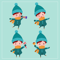 Cute Kawaii Hand Drawn Boys Wearing Winter Costume With Smiling And Funny Face In Different Poses And Activities On Green Background. Collection. Set. Vector. Emoticon. Cartoon. Illustration