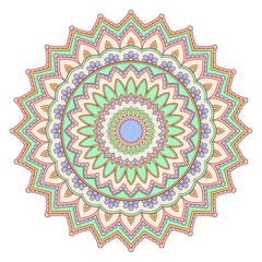 Decorative colorful ethnic mandala pattern. Design element for greeting card, banner or poster in oriental style. Hand drawn illustration