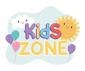 kids zone, letters balloons cloud sun cartoon