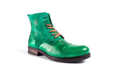 Male green leather boot on white background, isolated product, top view.