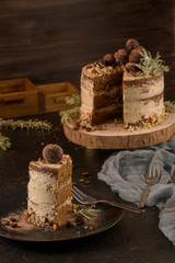 Slice of delicious naked coffee and hazelnuts cake