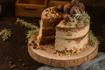 Slice of delicious naked coffee and hazelnuts cake