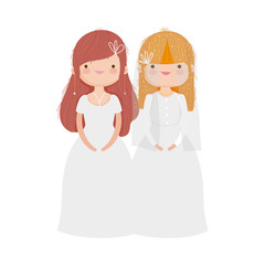 wedding brides women in elegant dress cartoon