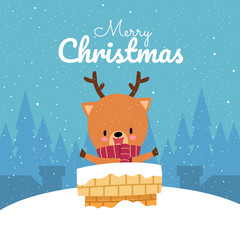 Merry Christmas with Cute Kawaii Hand Drawn Deer Wearing Red Scarf With Smiling And Funny Face In Chimney. Cartoon. Vector. Illustration. Flat Design. Background. Greeting. Invitation. Postcard