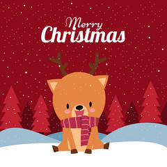 Merry Christmas with Cute Kawaii Hand Drawn Deer With Red Scarf Sitting On Snowland With Smiling And Funny Face. Cartoon. Vector. Illustration. Flat Design. Background. Greeting. Invitation. Postcard