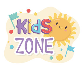 kids zone, cartoon sun flags funny letters