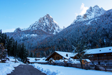 Fototapeta na wymiar Italy, Trentino, Val di Fassa - 10 november 2019 - Wonderful snowy landscape in Val di Fassa