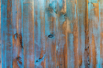 Vintage wood background texture of boards. Teal and orange wall wooden planks from natural tree with copy space.