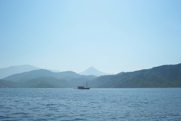 Beautiful scenery, the yacht is anchored in a beautiful Bay.