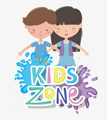 kids zone, happy little boy and girl splashes color paint