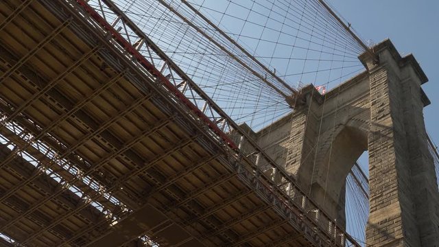 Historic Brooklyn Bridge Tower, Span and Blue Sky with United States American Flag