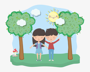 kids zone, happy little boy and girl in the park trees mushroom sun