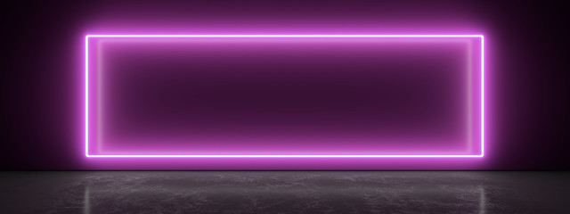 White neon lamp on a magenta wall. Blurry reflections on the dark floor. 3d rendering image.