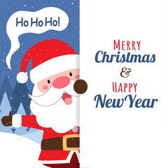 Merry Christmas with Cute Kawaii Hand Drawn Santa Claus With Smiling, Funny Face And Big Signboard. Cartoon. Vector. Character. Illustration. Flat Design. Background. Greeting. Invitation. Postcard
