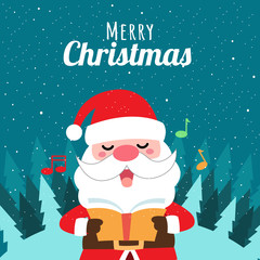 Merry Christmas with Cute Kawaii Hand Drawn Santa Claus Singing Musical With Smiling And Funny Face. Cartoon. Vector. Character. Illustration. Flat Design. Background. Greeting. Invitation. Postcard