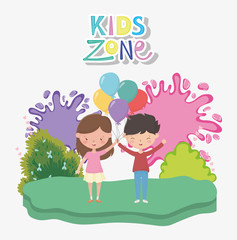 kids zone, happy little boy and girl splashes color paint outdoor