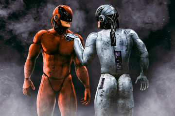 Sparring two cyborgs. 3d rendering illustration