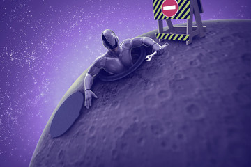 Cyborg works on the moon. 3d rendering illustration