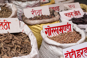 Rare ayurvedic herbs stored in bags and labled in Hindi in a shop in India.