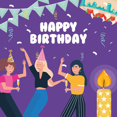 happy birthday, women dancing with drink candle and cake celebration party event decoration