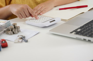 Sales manager giving advice application form document, considering mortgage loan offer for car and house insurance