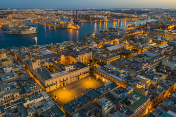 Aerial view of Valletta city - capital of Malta. Main square, sunset, evening