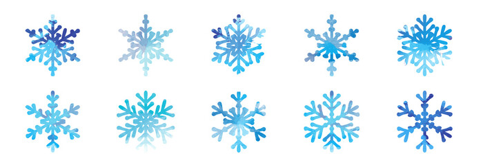 Big bundle set of blue vector hand drawn doodle watercolor snowflakes