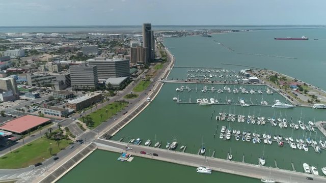 Aerial view of Corpus Christi downtown and Bay Area. This video was filmed in 4k for best image quality.