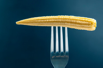 pickled corn on a fork close-up on a dark blue background. food and vegetables