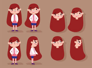 cartoon character animation girl faces with gestures and different posture bodies