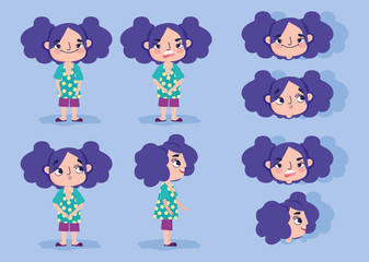 cartoon character animation girl faces with gestures and different posture bodies
