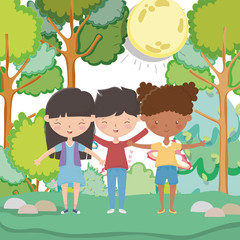 kids zone, cute little boy and girls in the forest trees mushroom stones grass