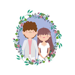 wedding couple, groom and bride cartoon flowers frame decoration