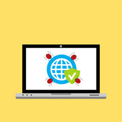 Laptop virus alert. Malware trojan notification on computer screen. Hacker attack and insecure internet connection vector concept. Illustration of internet virus malware