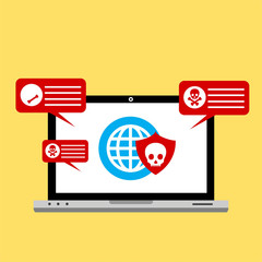 Laptop virus alert. Malware trojan notification on computer screen. Hacker attack and insecure internet connection vector concept. Illustration of internet virus malware