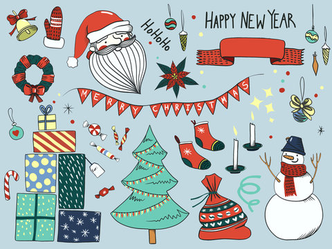 Set of Christmas and New Year elements with animals and Santa. Hand drawn illustration.