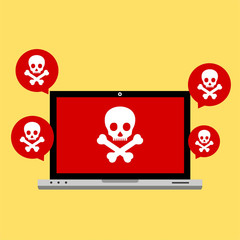 Malware notification on laptop vector illustration, flat style computer with skull bones bubble speech red alert, concept of spam data, fraud internet error, insecure connection, online scam, virus