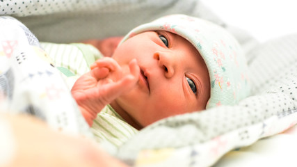 A newborn beautiful baby looking smart at the camera in light green colors. Closeup.