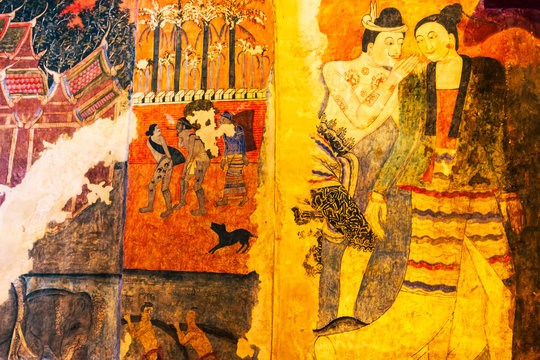 Nan/THAILAND - Jan.17, 2015 : Whisper in love in Nan 400 year old mural paintings in the Four Tetrahedron of Wat Phumin, Nan, THAILAND.
