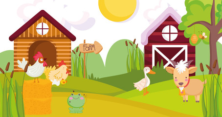 Obraz na płótnie Canvas goat duck rooster hen chicken house barn farm animals