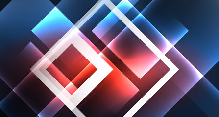Neon glowing techno square rectangle lines, blue hi-tech futuristic abstract background