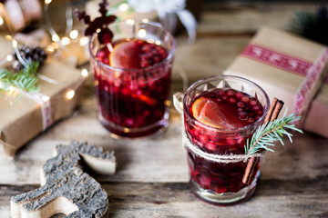 two glasses of red wine christmas time
