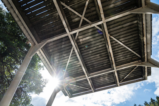 High Diving Board For Training Athletes, Against The Backdrop Of The Bright Sun, Blue Sky And Trees, Outdoors. 