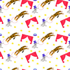 circus. festive fun, set of circus artists trainer, tiger, rabbit