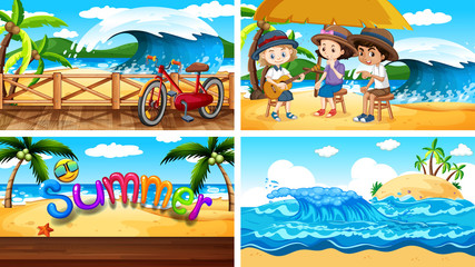 Obraz na płótnie Canvas Four background scenes with children on the beach
