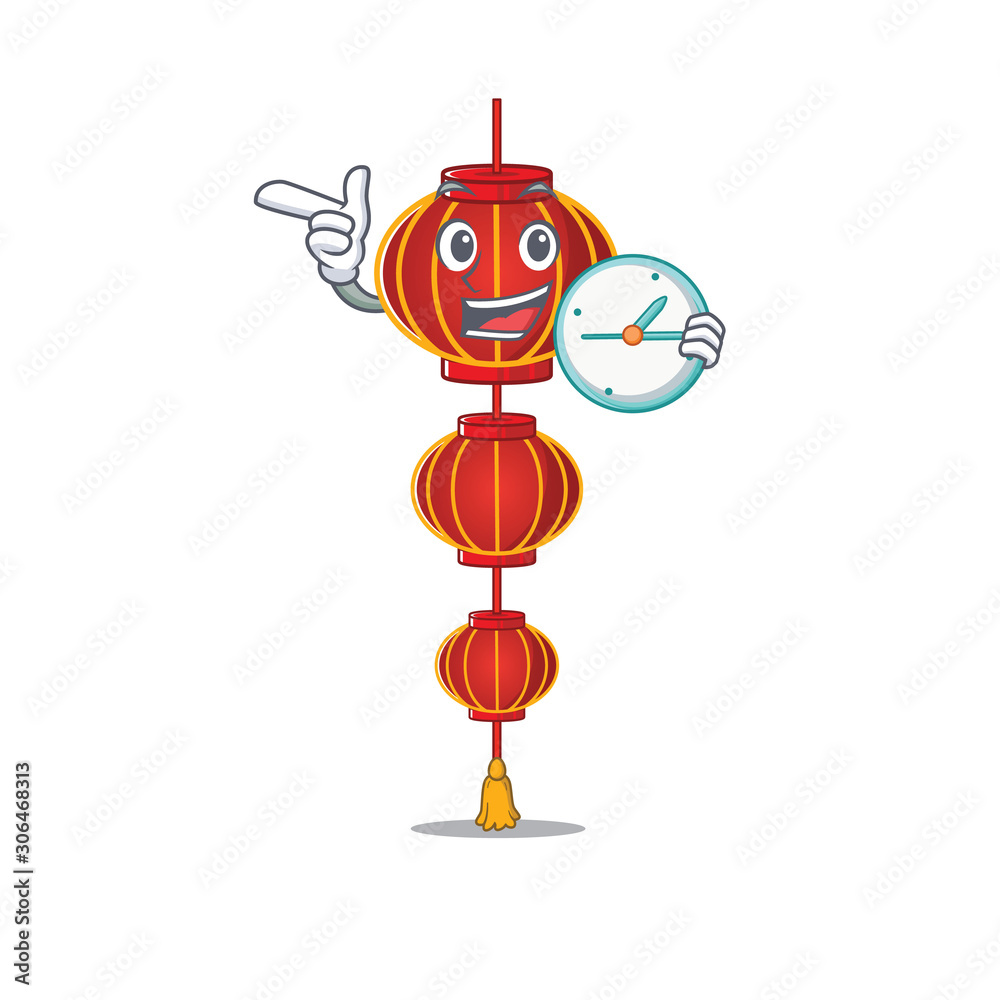 Poster With clock smiling lampion chinese lantern cartoon character style