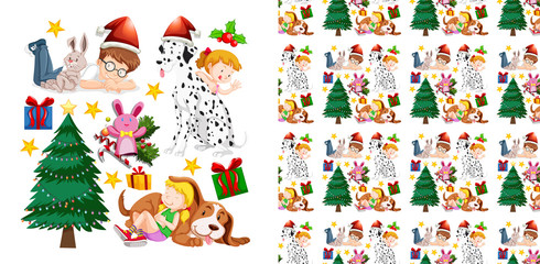 Seamless background design with kids and christmas tree